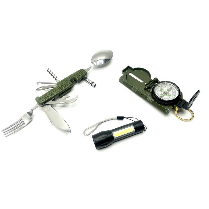 Kit camping si drumetii format din busola, lanterna LED si briceag multifunctional