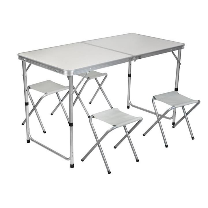 KinderVibe asztalkészlet, Összecsukható, 4 üléses, ideális kempingezéshez, állítható magasságú, hordozható és praktikus, stabil váz, kiváló minőségű, fehér / ezüst