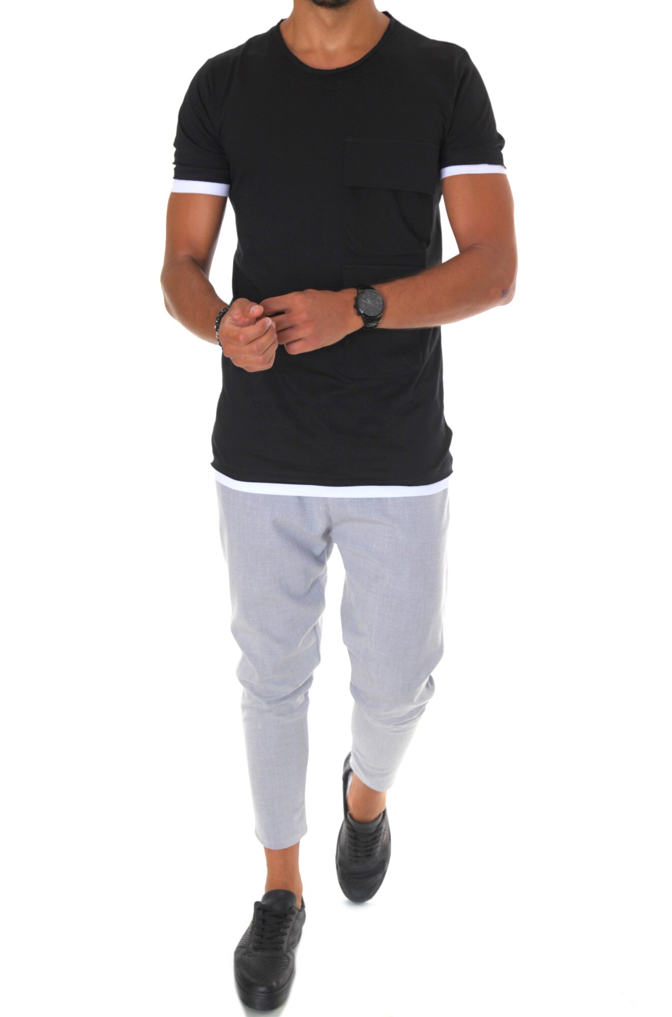 Tricou fashion, B1956, slim fit, barbati, Negru