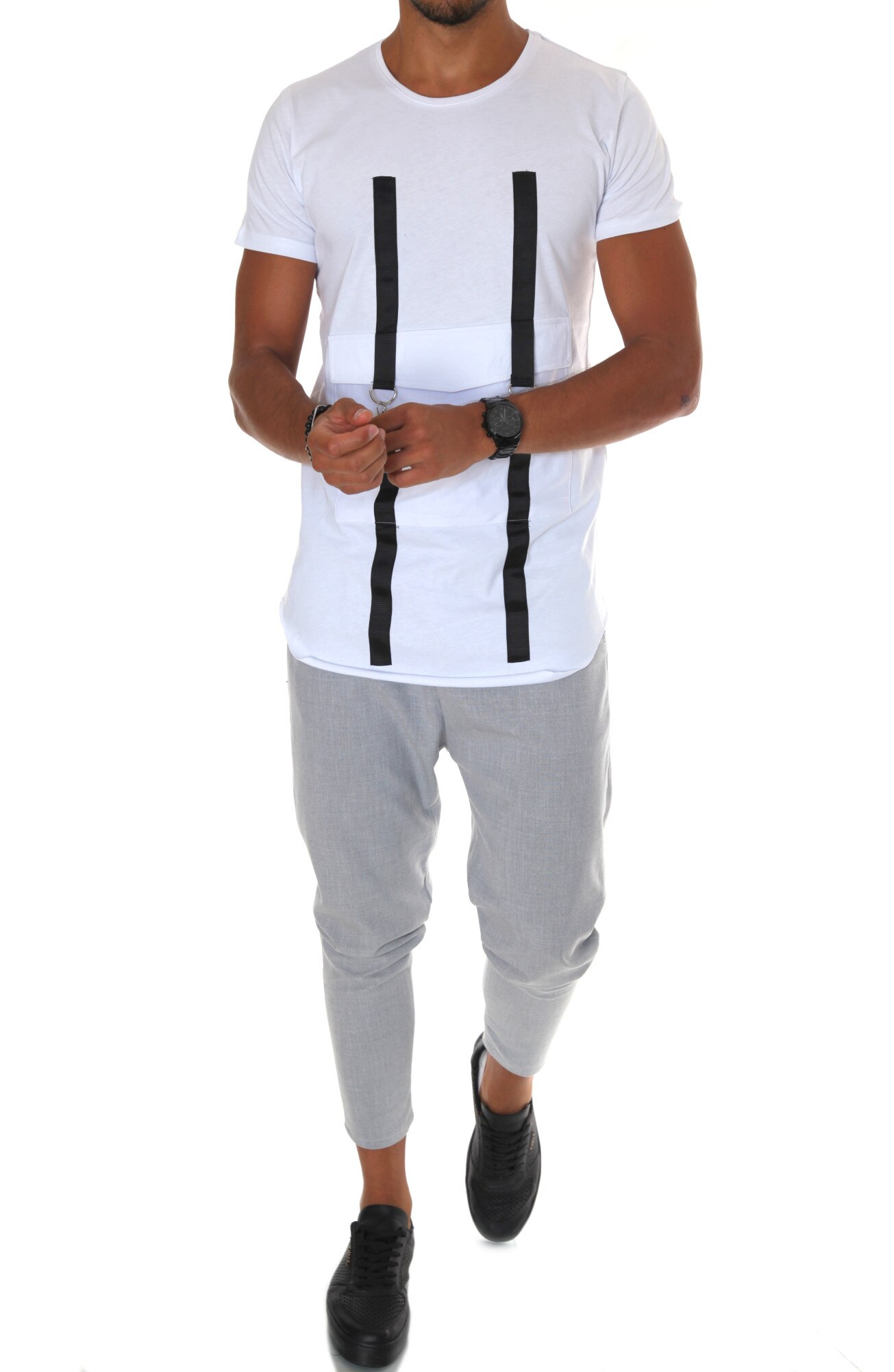 Tricou fashion, B1954, slim fit, pentru barbati, alb, Alb