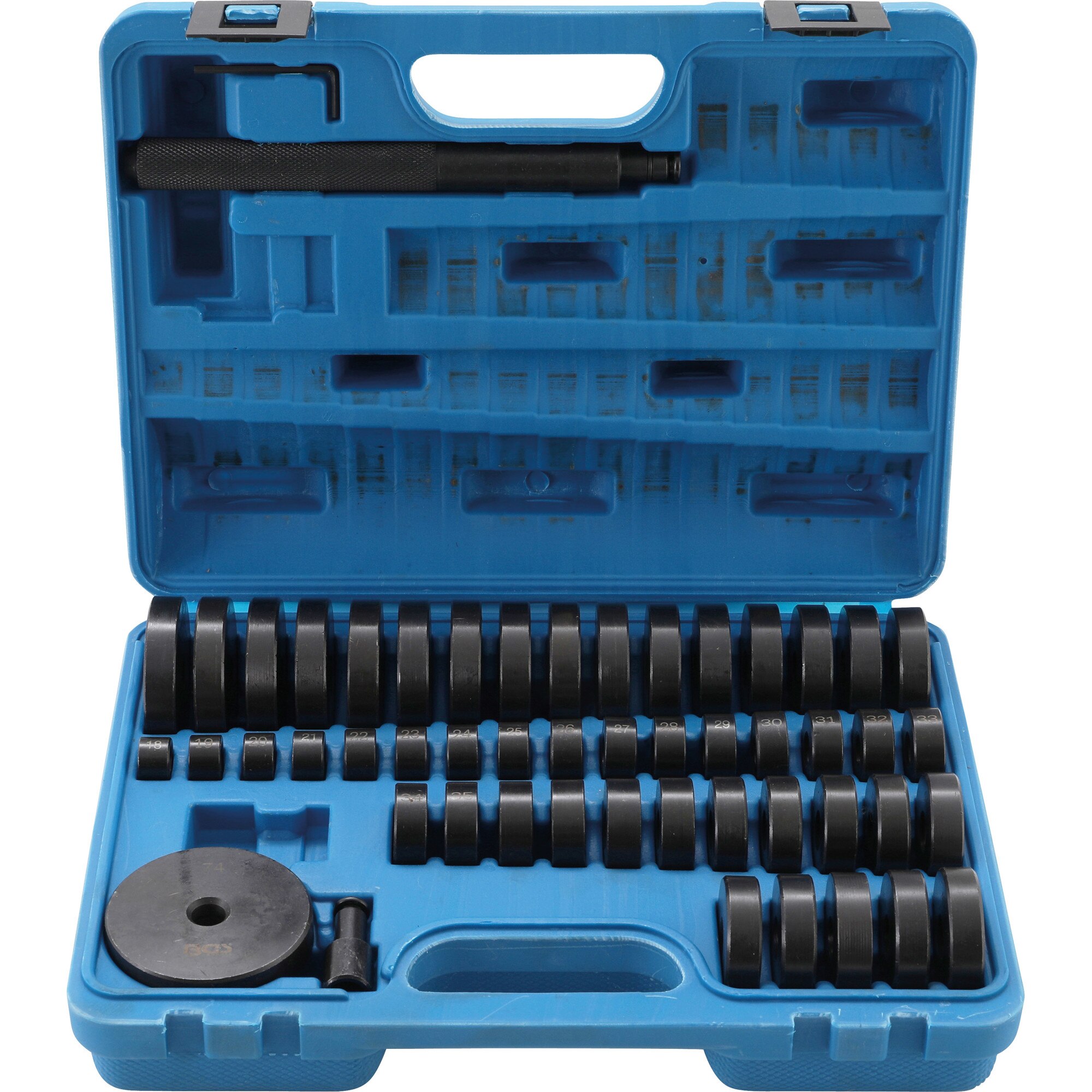 Set flanse pentru inlocuit rulmenti si simeringuri, dimensiuni 18-65 mm + 74mm x Ø 12 mm, 52 piese