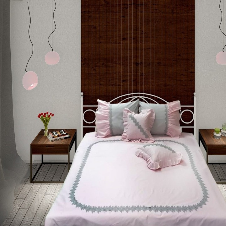 Сиво дантелено спално бельо Casa Bucuriei, 6 части, сиво/розово, 100% сатениран памук, (1 х плик за завивка 200/220, 1 х чаршаф 240/260, 2 х калъфка за възглавница 50/70, 2 х декоративна калъфка за възглавница 45/ 45)