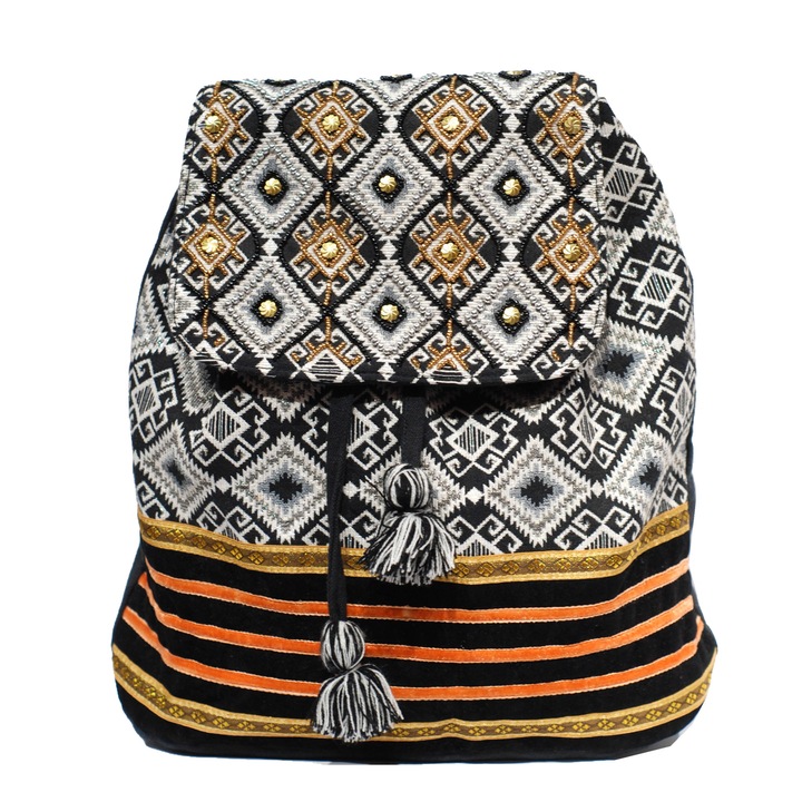 Rucsac din material textil, negru cu detalii aurii/argintii