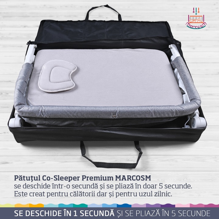 Patut bebelusi, Marcosm, co-sleeper, gri, cu 6 trepte de inaltime, cu saltea, pernuta, plasa de insecte si husa pentru transport, pentru copii intre 0 si 12 luni