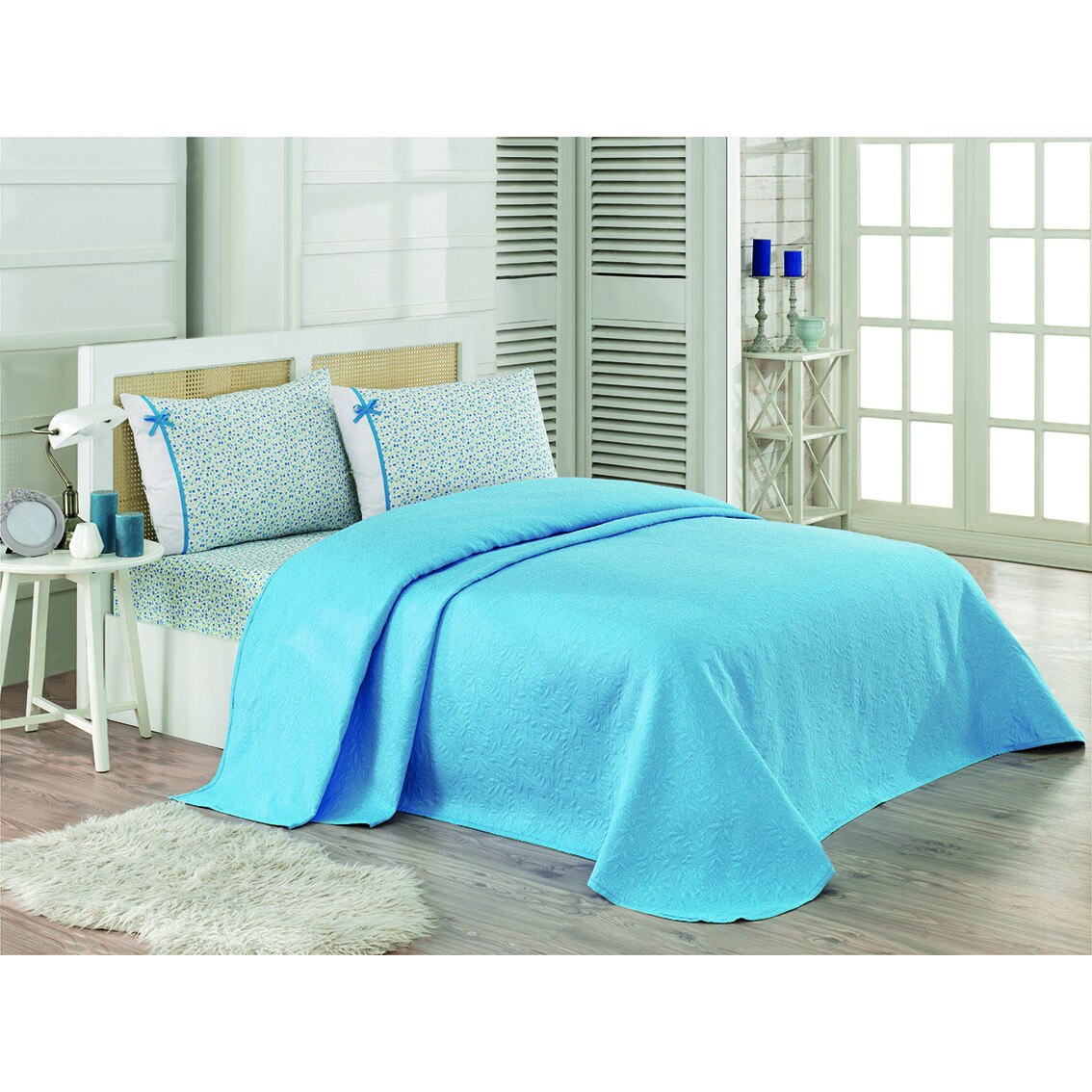 Lenjerie de pat cu pled, Flower Albastru,100% Bumbac,2 Persoane