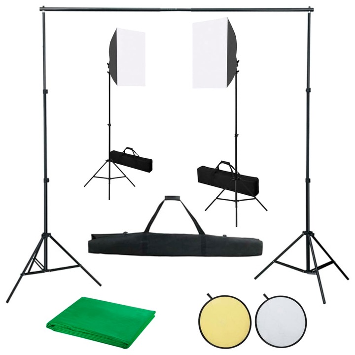 Kit de studio foto cu lumini softbox, fundal si reflector, vidaXL, Aluminiu, 500 x 300 cm, Verde