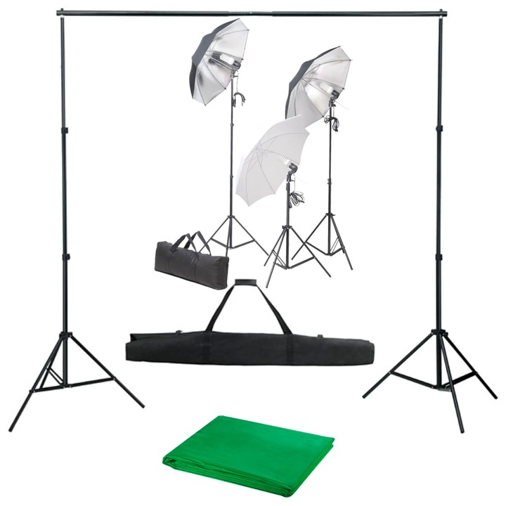 Kit de studio foto cu set de lampi si fundal, vidaXL, Aluminiu, 500 x 300 cm, Verde