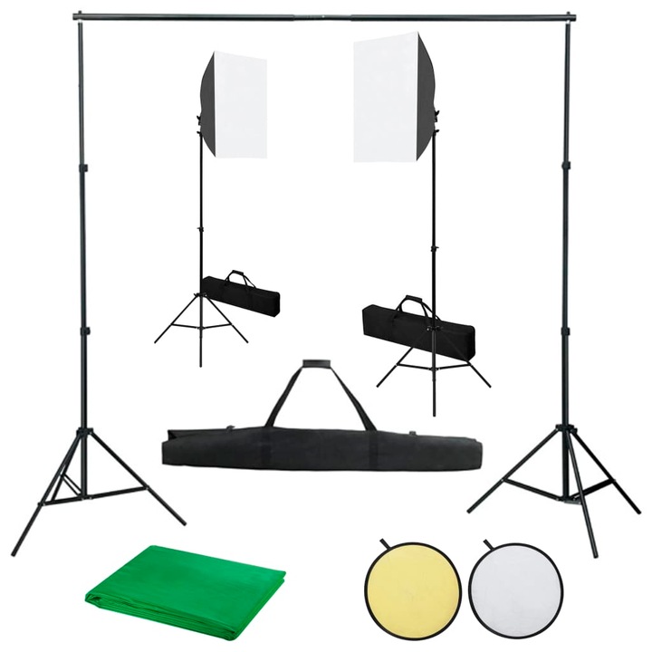Kit de studio foto cu lumini softbox, fundal si reflector, vidaXL, Aluminiu, 300 x 300 cm, Verde