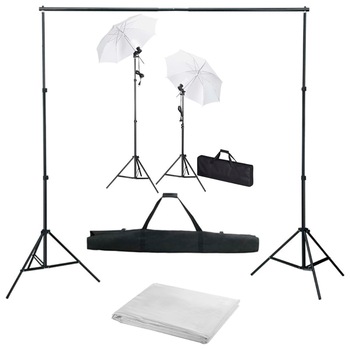Kit studio foto cu fundal, lampi si umbrele, vidaXL, 500 x 300 cm, Alb Kit studio foto cu fundal, lampi si umbrele, vidaXL, 500 x 300 cm, Alb