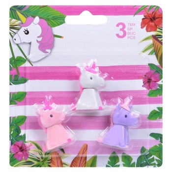 Set 3 radiere, Zola®, model unicorn, pentru creion, roz / alb / mov Set 3 radiere, Zola®, model unicorn, pentru creion, roz / alb / mov