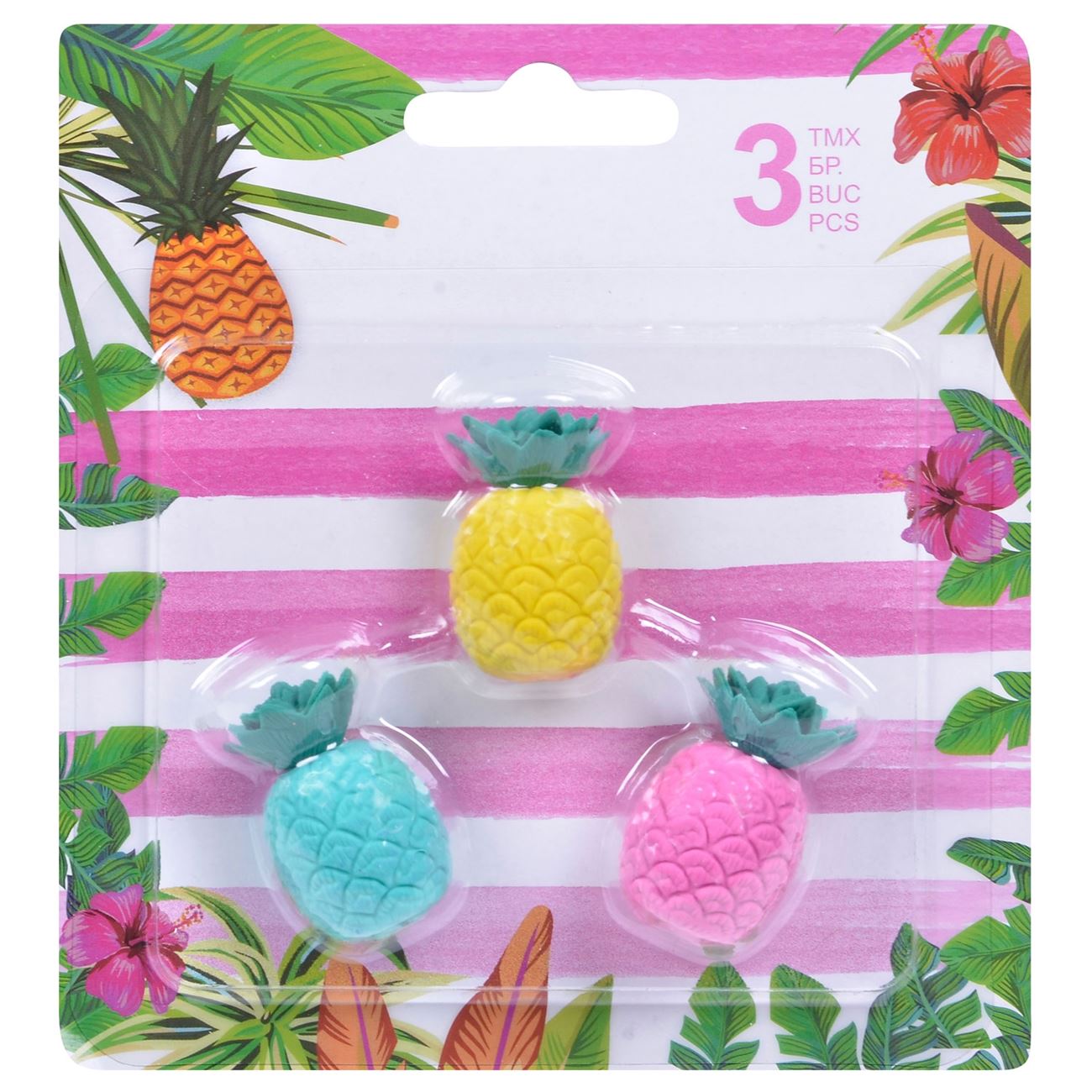 Set 3 radiere, Zola®, model ananas, pentru creion, albastru / galben / roz
