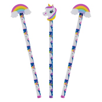 Set 3 creioane, Zola®, model cu radiera in forma de unicorn si nori Set 3 creioane, Zola®, model cu radiera in forma de unicorn si nori