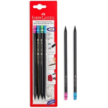 Set 4 creioane, Faber-Castell, nergre, din lemn, cu radiera Set 4 creioane, Faber-Castell, nergre, din lemn, cu radiera