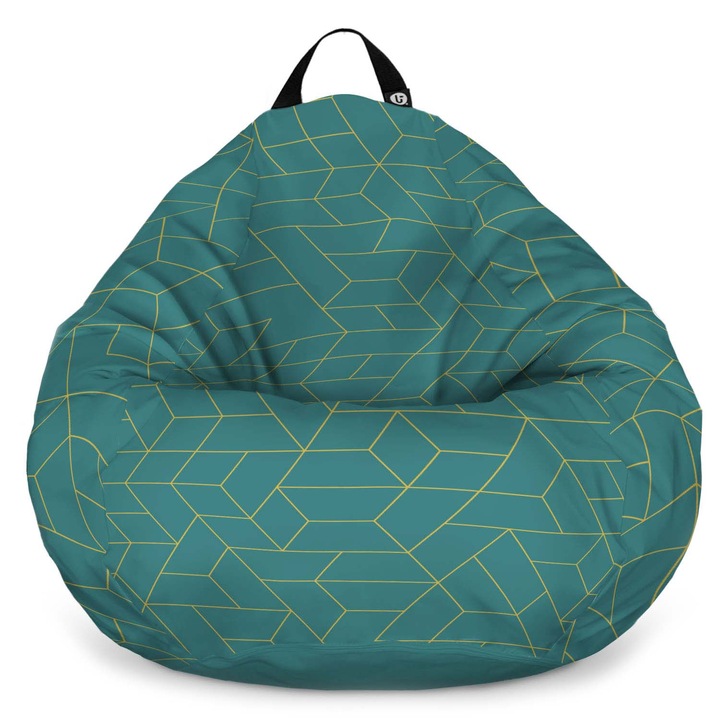 Fotoliu Updeco Puf Bean Bag tip Para XL, impermeabil, indoor/outdoor, sac interior, cu maner, 90 x 90 x 60 cm, turcoaz inchis si linii aurii
