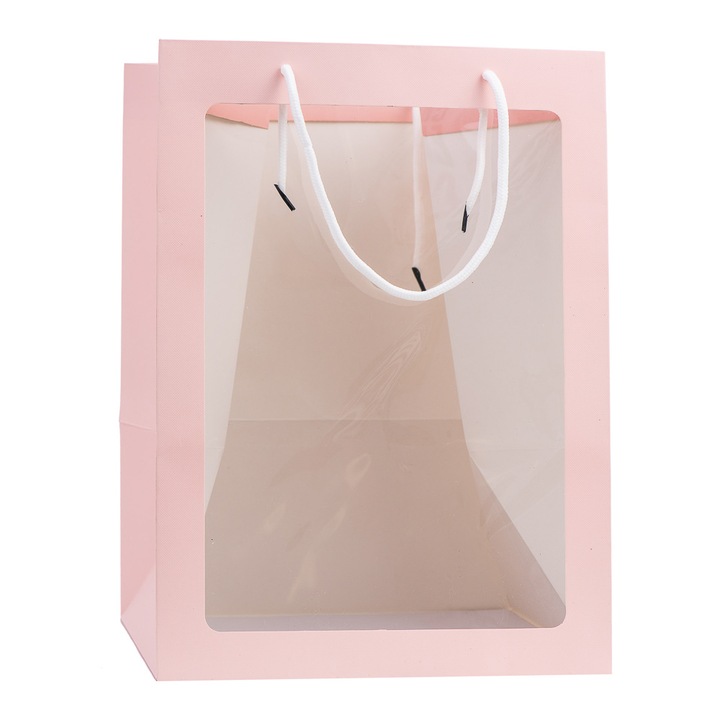 Комплект от 5 хартиени торби с прозорец, Createur, розови, 40x29x29 см