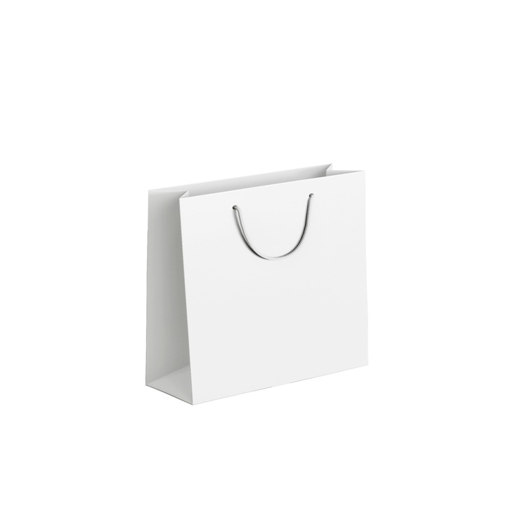 Set pungi patrate medii T produse manual, din hartie GC1- 190 gr/mp, culoare alb, plastifiate lucios, 25.5 x 25 x 10 cm, 10 bucati