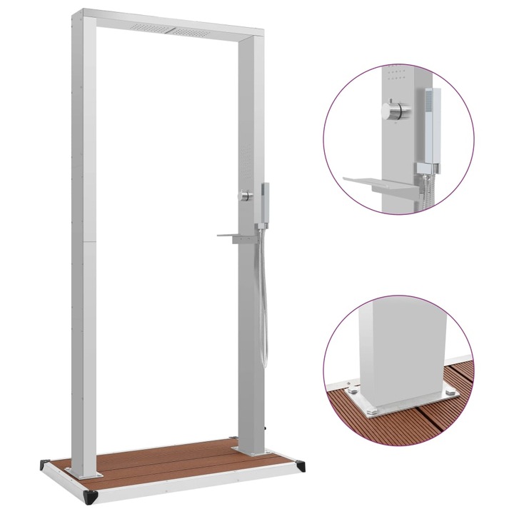 vidaXL ezüst kültéri WPC és rozsdamentes acél zuhany barna zuhanytálcával 210 cm
