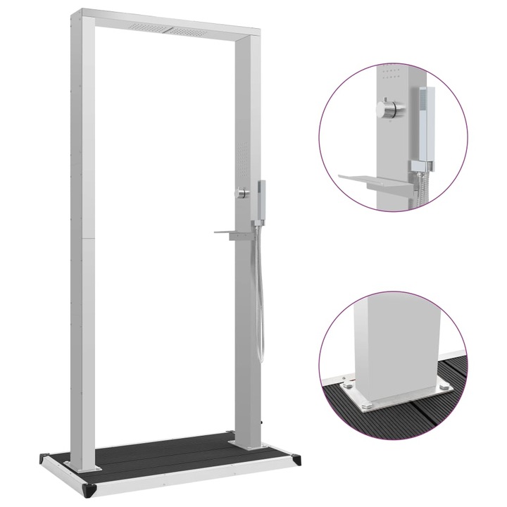 vidaXL ezüst kültéri WPC és rozsdamentes acél zuhany szürke zuhanytálcával 210 cm
