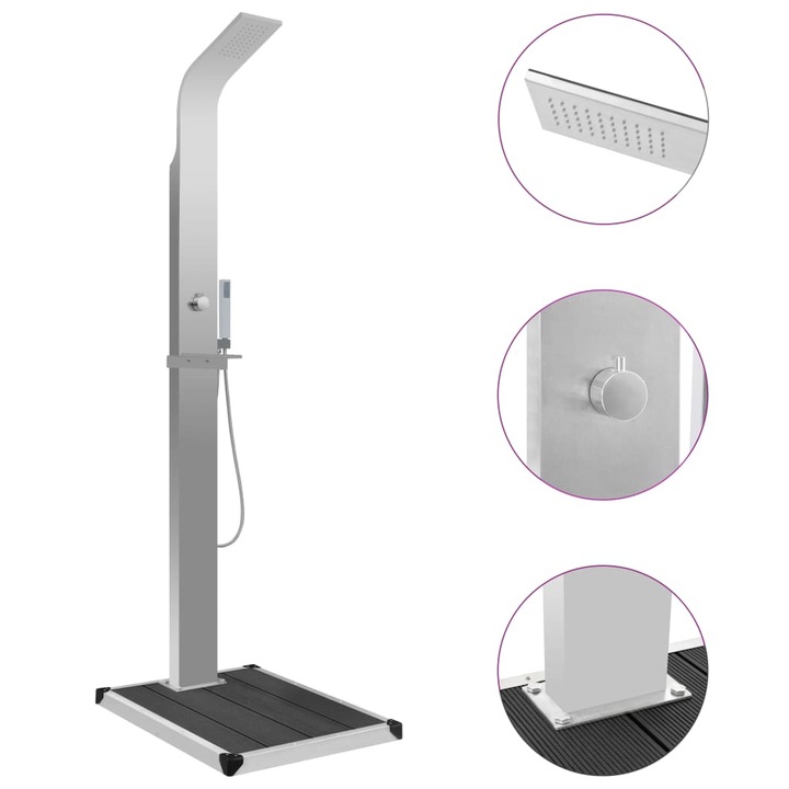 vidaXL ezüst kültéri WPC és rozsdamentes acél zuhany szürke zuhanytálcával 15 x 44 x 210 cm
