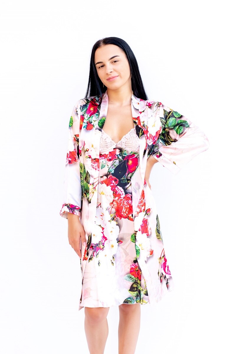 Nglijeu si halat satinat imprimat, Multicolor, M