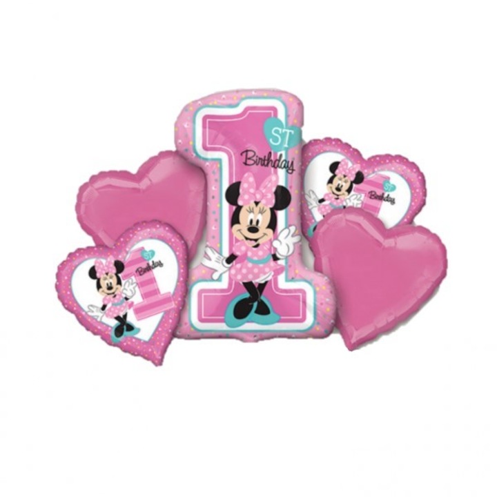 Buchet 5 baloane folie Minnie Mouse prima aniversare 1 an