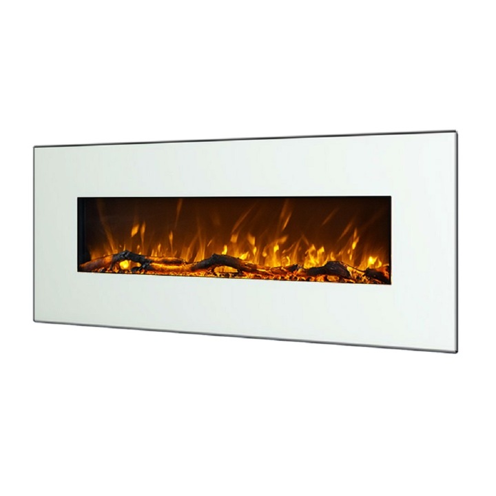 Semineu electric, Masomi, Madrid White-50' 1600 W, Alb, 128*55*14 cm, Iluminare LED, Telecomanda, 3 culori ale flacarii, Luminozitate reglabila
