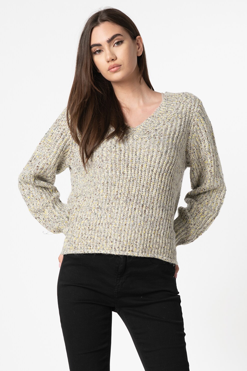 Vila, Pulover cu decolteu in V Fresh, Gri melange/galben/rosu Bordeaux