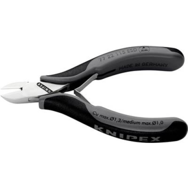 ESD elektronikai oldalcsípőfogó, lágy/közepes huzal max.: O 1,3/1 mm, Knipex 77 22 115 ESD (77 22 115 ESD)