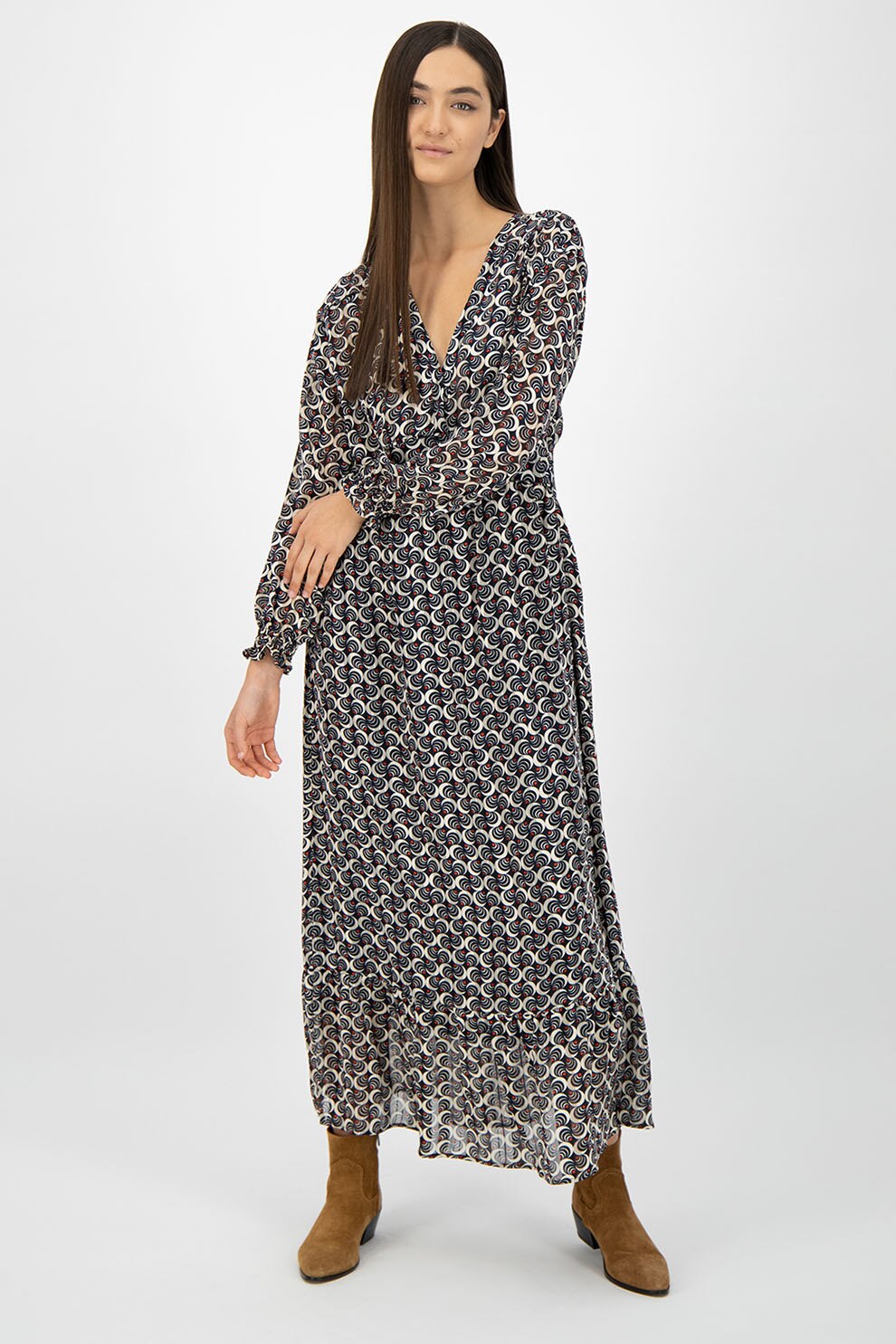 Maison Scotch, Rochie midi vaporoasa cu imprimeu grafic, Bleumarin inchis/maro nisip/rosu, XS