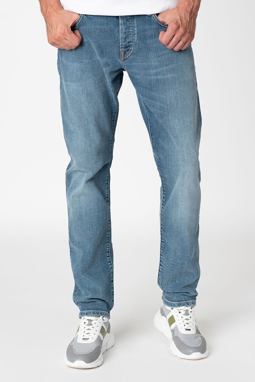 Scotch & Soda, Blugi cu croiala dreapta si aspect decolorat, ALBASTRU PASTEL/BLEUMARIN, W31-L32