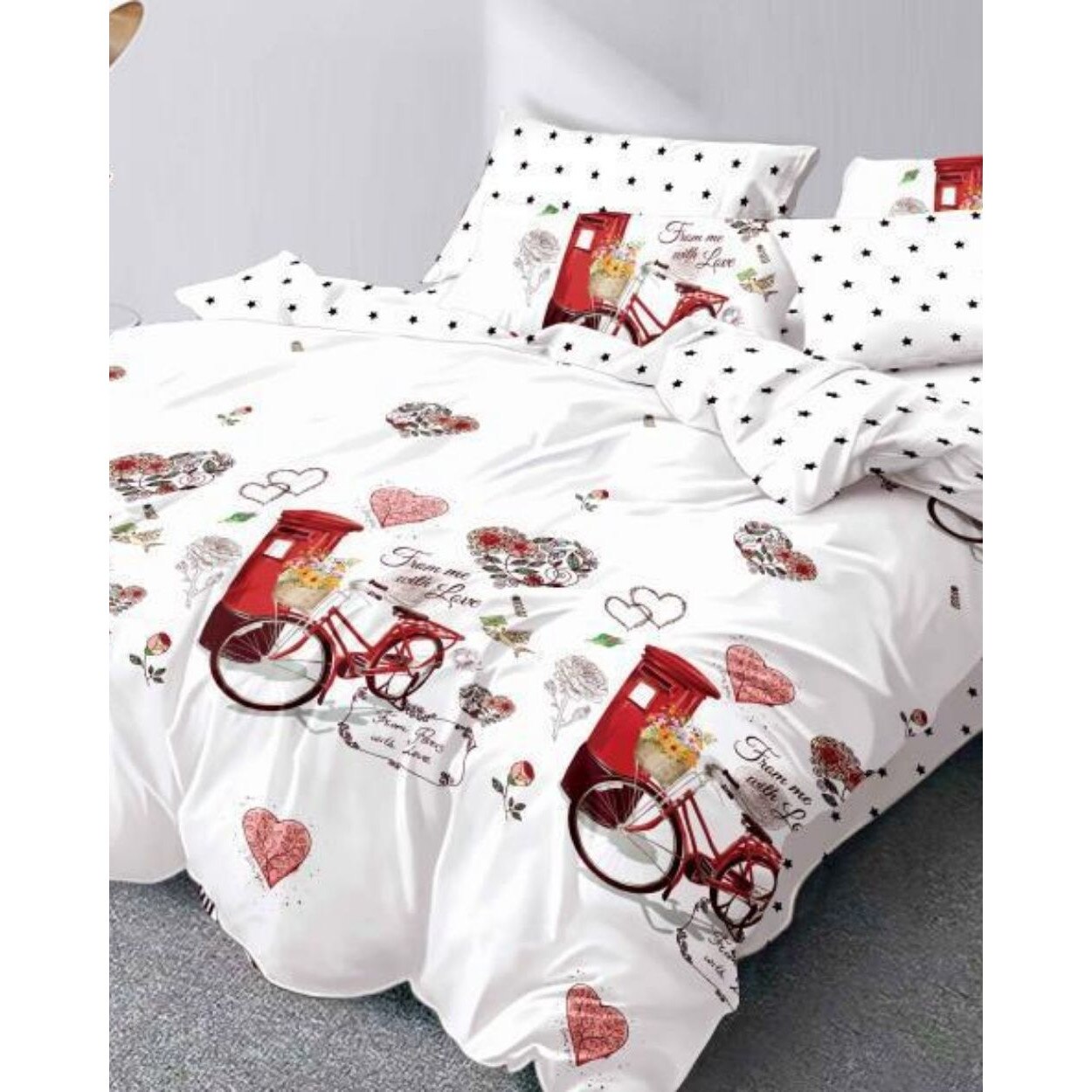 Set Lenjerie Finet Satinat, 6 Piese, Pat 2 Persoane, Bicycle Love