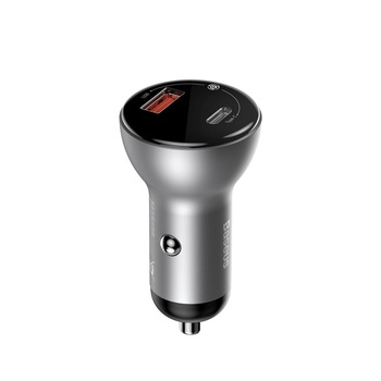 Incarcator Auto Baseus Digital Display, USB QC4.0 + USB-C PD, 3.0, 45W, 5A, Silver Incarcator Auto Baseus Digital Display, USB QC4.0 + USB-C PD, 3.0, 45W, 5A, Silver
