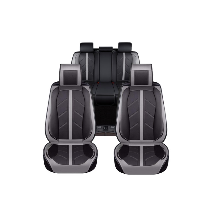Пълен Комплект Авто Тапицерия Flexzon, Универсална, Еко Кожа, Лукс, Sport, Сиво - Черно