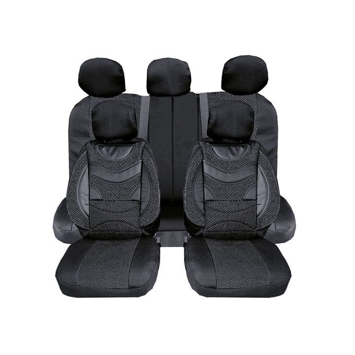 Универсална Авто Тапицерия Flexzon, Пълен Комплект, Premium, Еко Кожа и Текстил, Черна, Делима Задна Седалка, 9 части