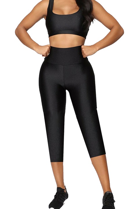 Colanti luciosi, lycra, talie inalta, Negru, 3 sferturi, Super Glossy,