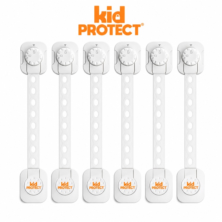 Siguranta usi copii, KidProtect®, blocator sertare, usa cuptor, frigider, congelator, dulap, deschidere accidentala, ajustabile pe lungime, adeziv puternic 3M, fara urme dupa indepartare, cu sistem de inchidere dublu, set 6 bucati, alb