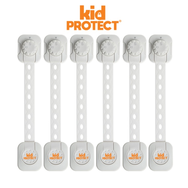 KidProtect® Fiókzár, sütőajtóra, hűtőszekrényre, fagyasztóra, szekrényre, állítható hosszúság, erős, 3 méteres ragasztó, eltávolítás után nyoma sincs, dupla reteszelő rendszer, 6 darabos készlet, fehér