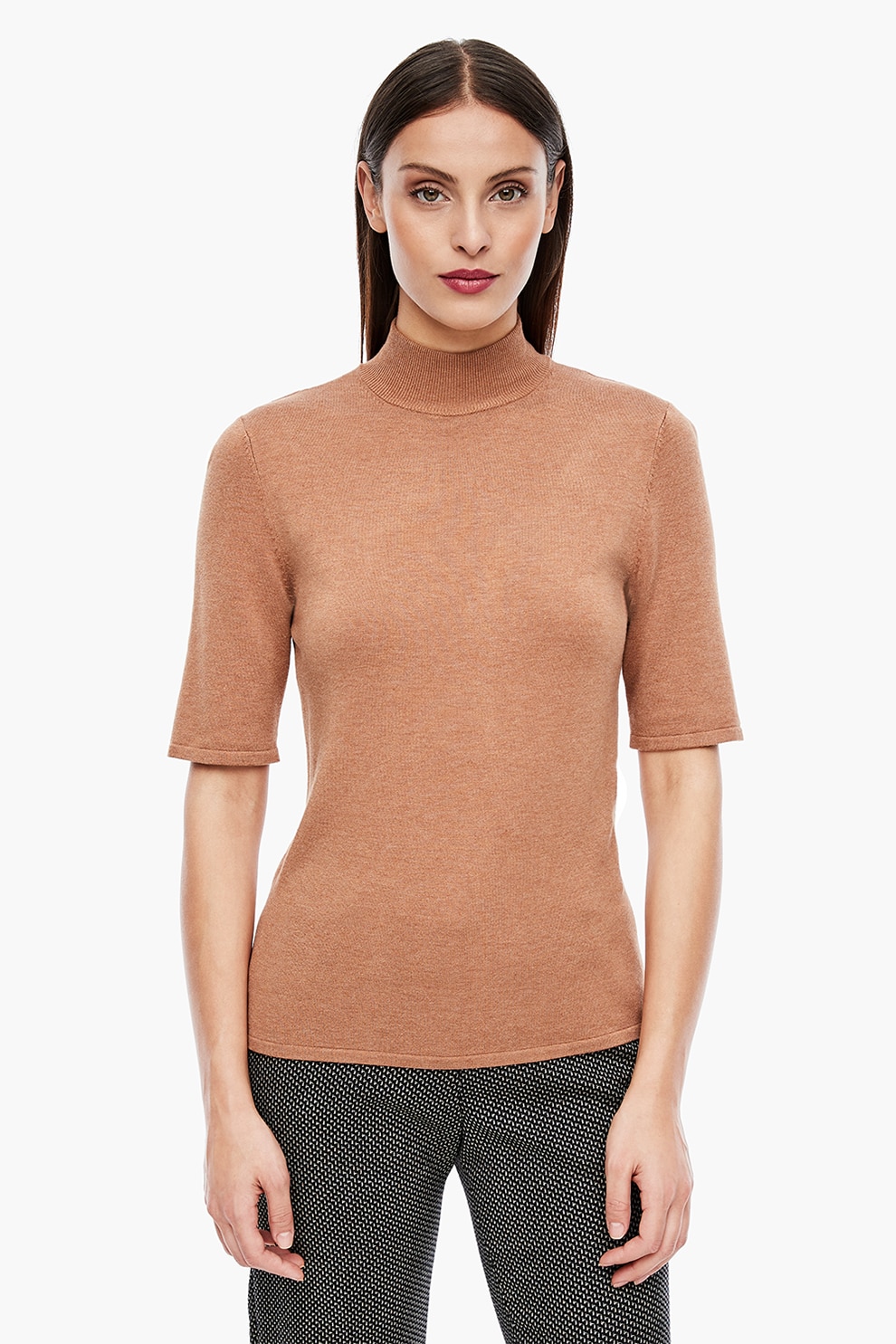 s.Oliver, Pulover tricotat fin cu guler mediu, Maro camel