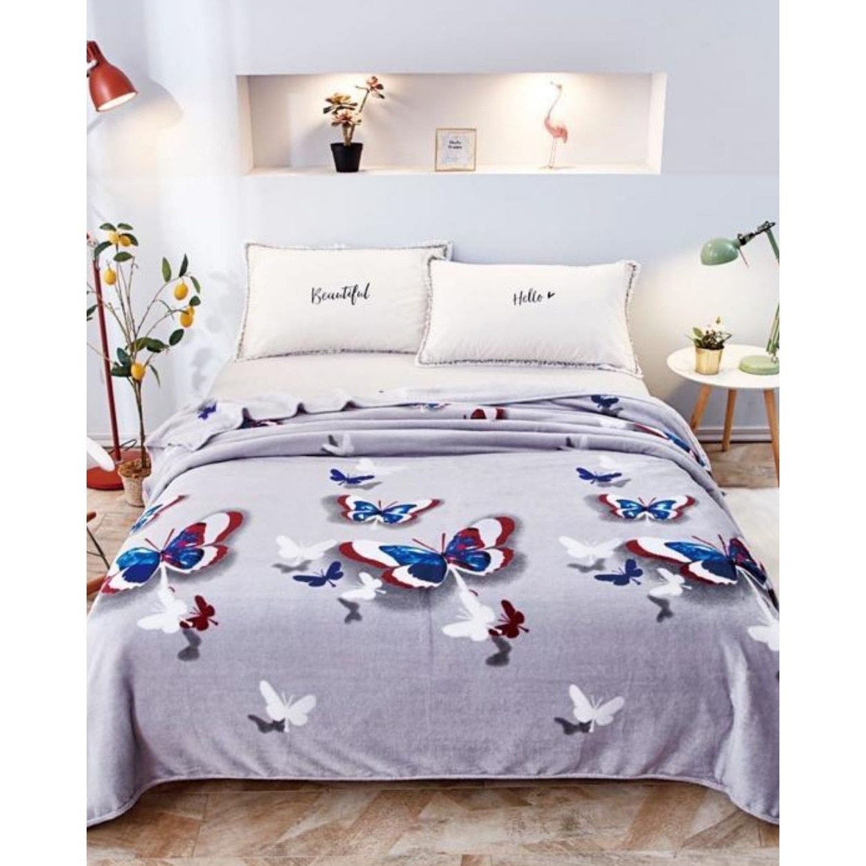 Patura Cocolino, Pat Dublu, 200x230 cm, Fluturi Albastri Rosii