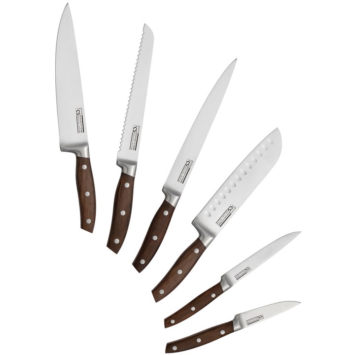 Carl Schmidt Sohn, CS Soltau Késkészlet, 6 darabos, Rozsdamentes acél, Fa tartóval, 4 konyhai eszközzel, Élezővel