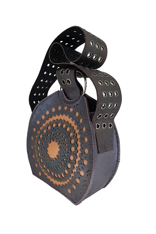 Poseta dama, din piele, handmade, AG Design, culoare maro cu decupaje decorative