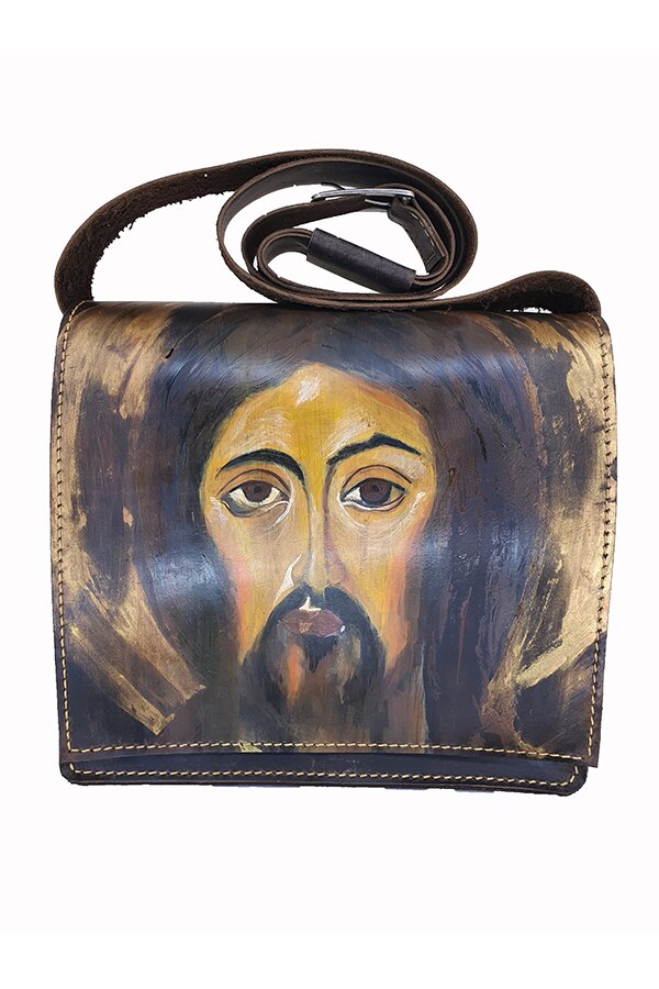 Poseta pictata din piele, AG Design, cu tema Iisus Pantocrator, culoare maro