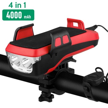 Far bicicleta cu suport telefon, claxon, Power band 4000mAh, 4 in 1, 3 moduri de luminare, 2 x T6 LED, rezistent la apa Rosu Far bicicleta cu suport telefon, claxon, Power band 4000mAh, 4 in 1, 3 moduri de luminare, 2 x T6 LED, rezistent la apa Rosu