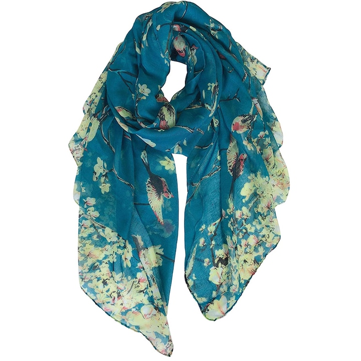 Esarfa dama, imprimeu cu flori si pasari, pentru toate anotimpurile, Turcoaz, 85x180 cm