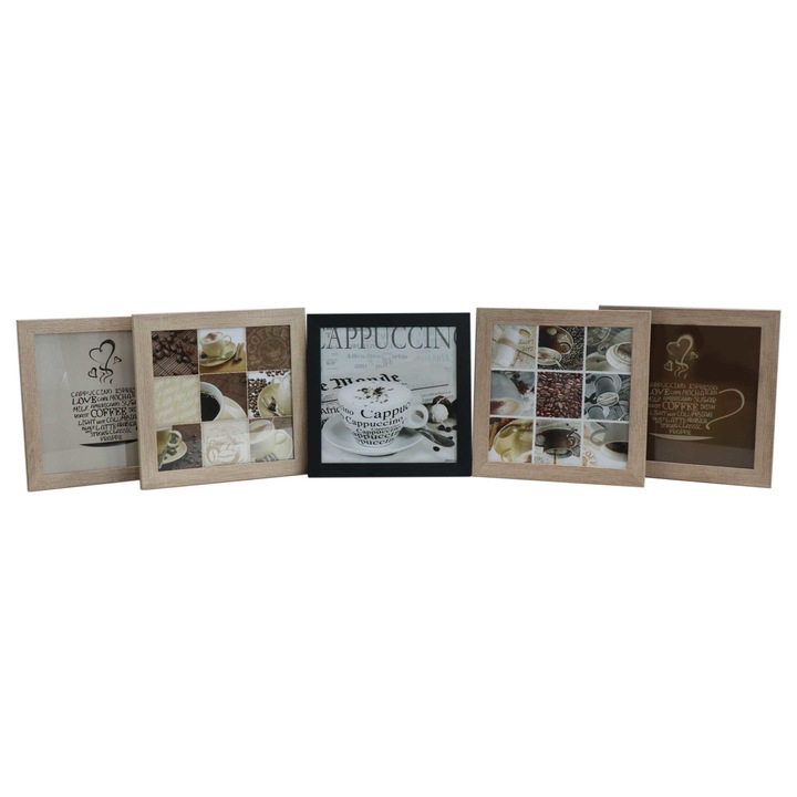 Set 5 tablouri decorative, pe placaj, cu rama din lemn, multicolor, cu cafea 36 x 36 cm