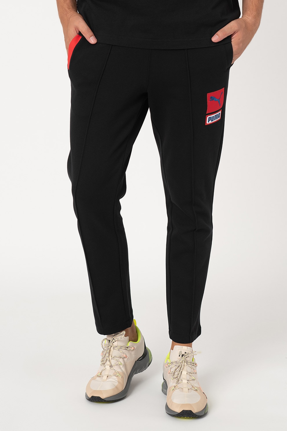 Puma, Pantaloni sport cu snur de ajustare si model colorblock, Negru, M