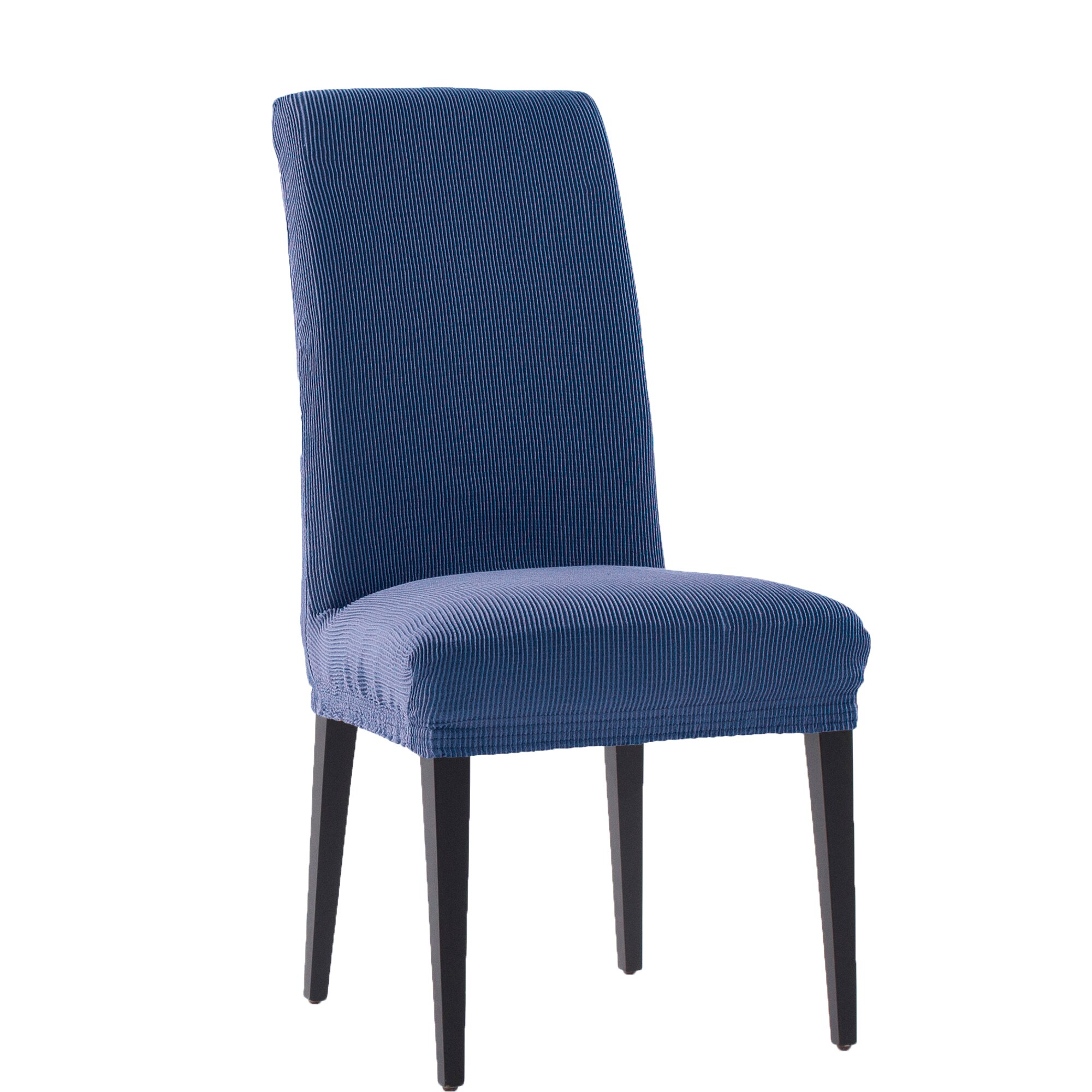 Set 2 huse elastice pentru scaune Kring Nairobi, cu spatar de pana la 50 cm, 60% bumbac+ 35% poliester + 5% elastan, Albastru