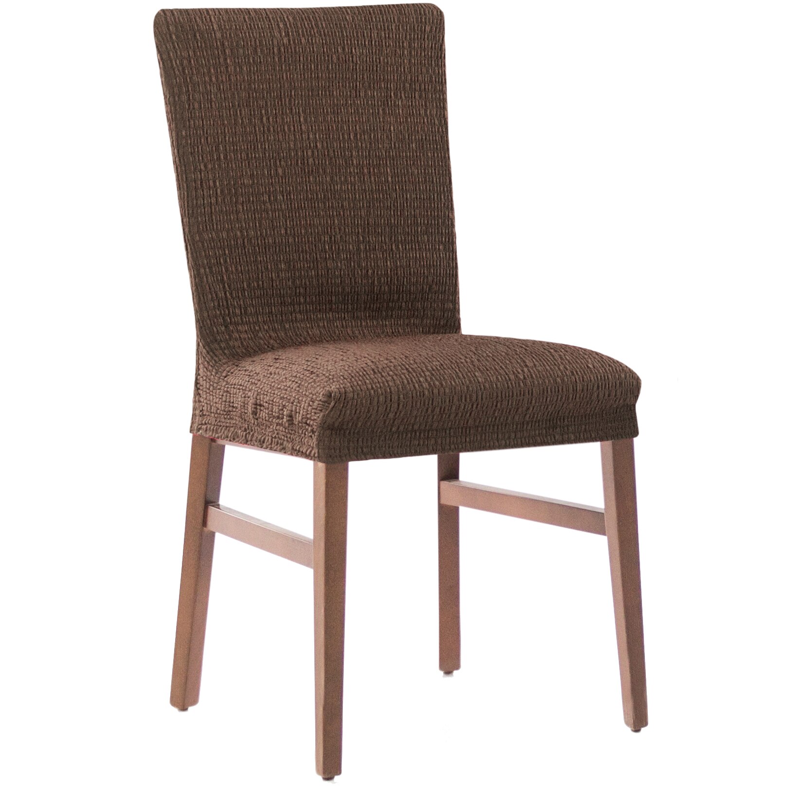 Set 2 huse elastice pentru scaune Kring Brilliante, cu spatar de pana la 50 cm, 60% bumbac+ 35% poliester + 5% elastan, Maro