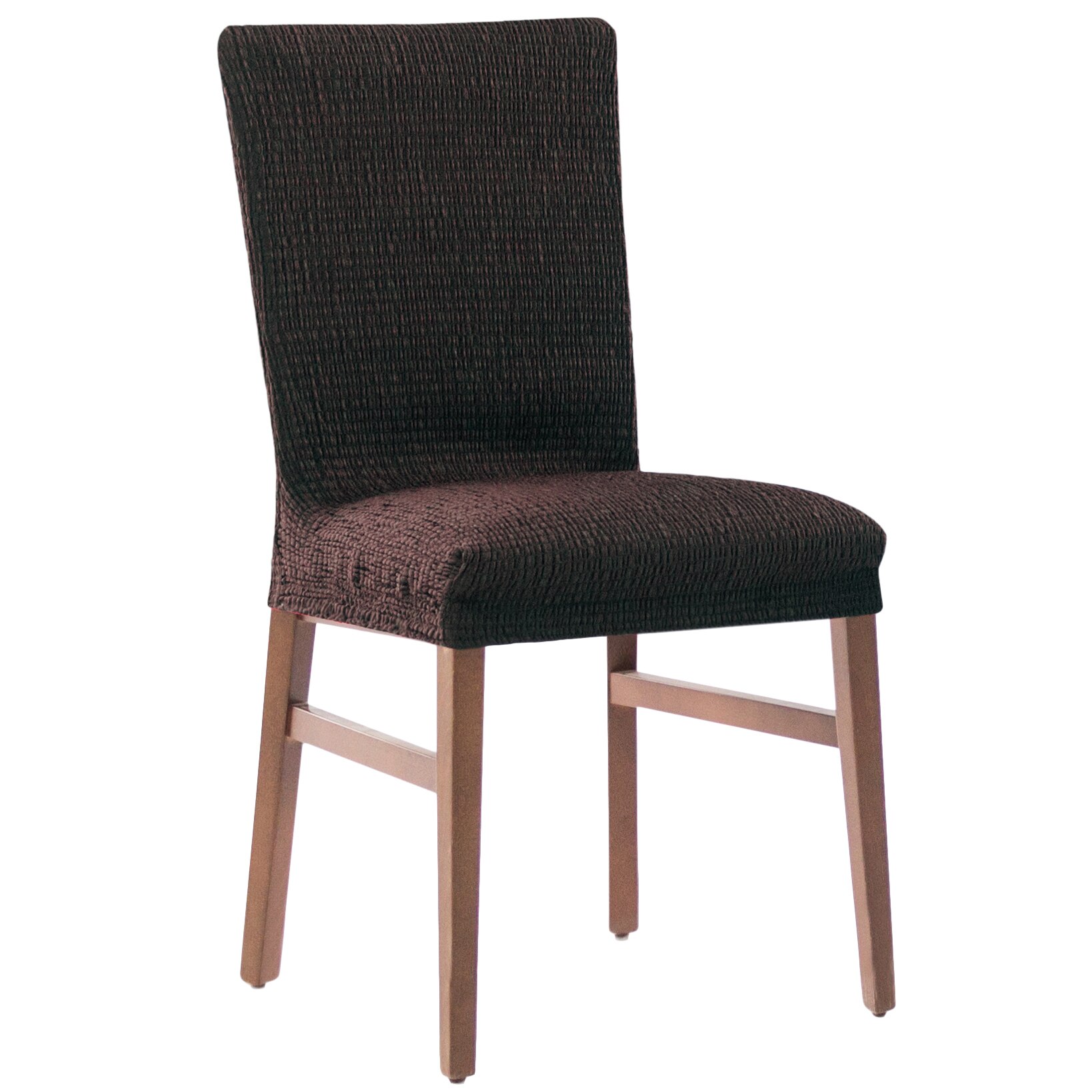 Set 2 huse elastice pentru scaune Kring Brilliante, cu spatar de pana la 50 cm, 60% bumbac+ 35% poliester + 5% elastan, Maro inchis