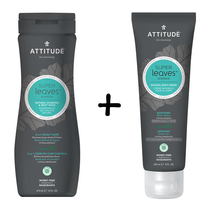 Pachet 2 in 1 Sampon si gel de dus pentru barbati, ecologic, Attitude Superleaves ingrijirea scalp, 473 ml + Crema de corp pentru barbati, ecologica, Attitude Superleaves calmanta, 240 ml